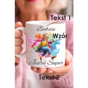 Kubek dla babci z napisem „Babciu, Jesteś Super” i kolorową ilustracją – prezent na Dzień Babci